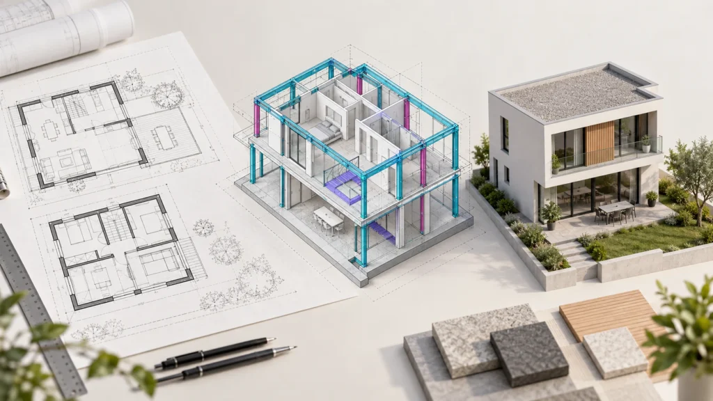 Ilustracija razvoja projekta od nacrta do digitalnog modela i gotove kuće