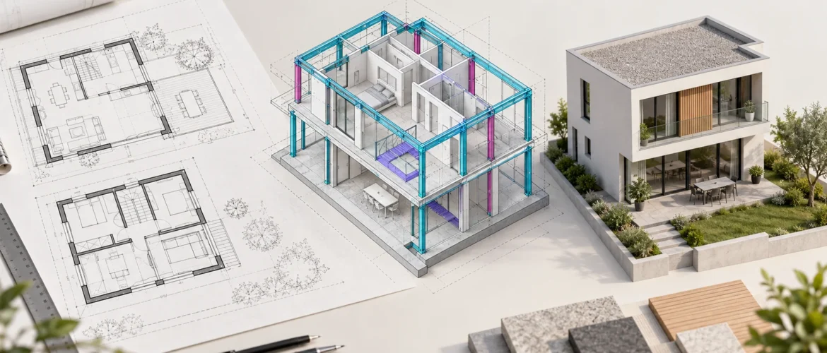 Ilustracija razvoja projekta od nacrta do digitalnog modela i gotove kuće